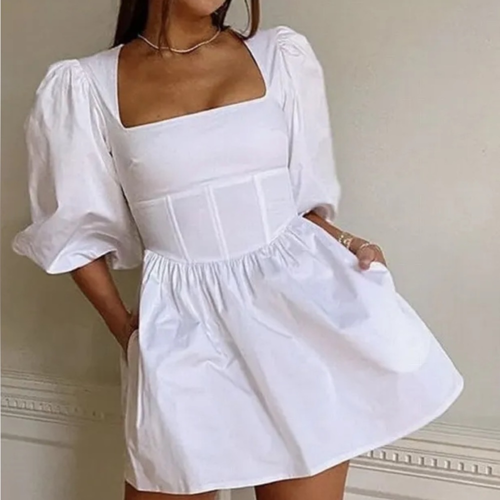 Danielle Bernstein Womens Dress White Size 0 Puff-Sleeve Square-Neck $89-127